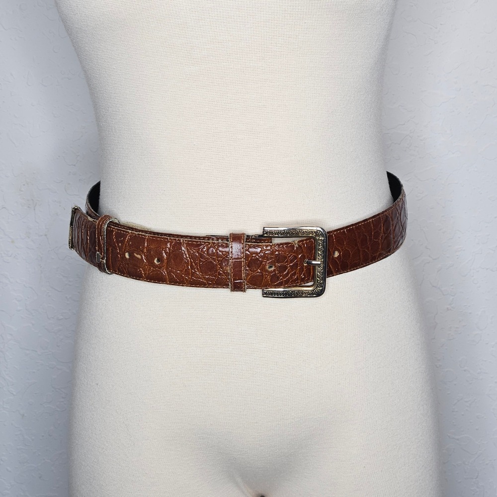 Axcess‎ Brown Crocodile Embossed Leather Belt Made in Italy Engraved Buckle M